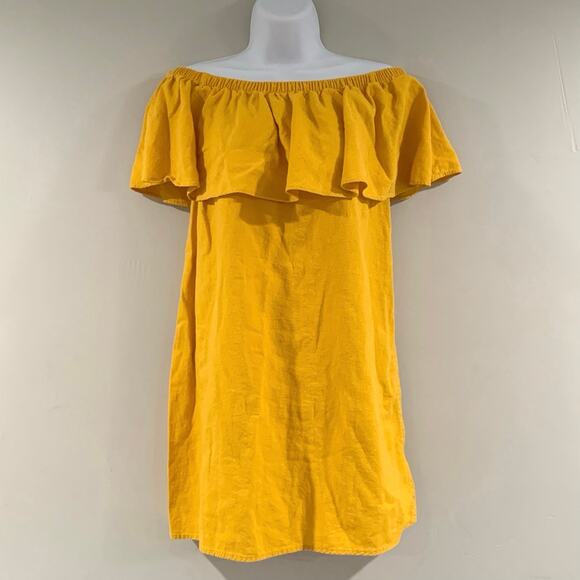 Old Navy Linen Blend Shift Dress Small Yellow Off Shoulder Ruffle Neck Mustard - Picture 2 of 9